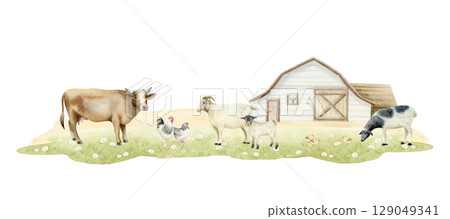 Farm horizontal landscape with domestic animals and barn watercolor isolated illustration. Hand drawn grazing sheep, cow goats, rooster and chickens on green grass meadow. Countryside clip art Farm horizontal landscape with domestic animals and barn watercolor isolated illustration. Hand drawn grazing sheep, cow goats, rooster and chickens on green grass meadow. Countryside clip art 129049341