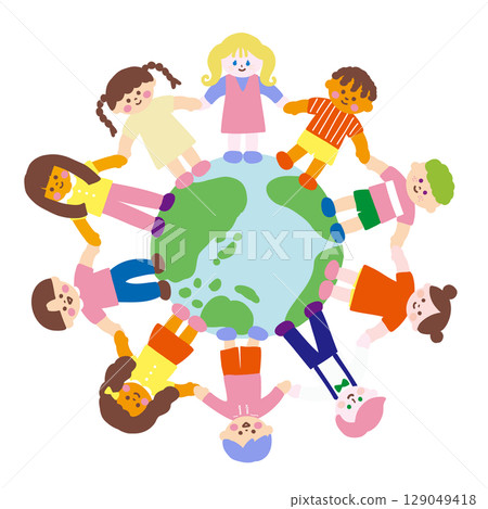 世界各地的兒童手牽手圍著地球的可愛插圖 129049418