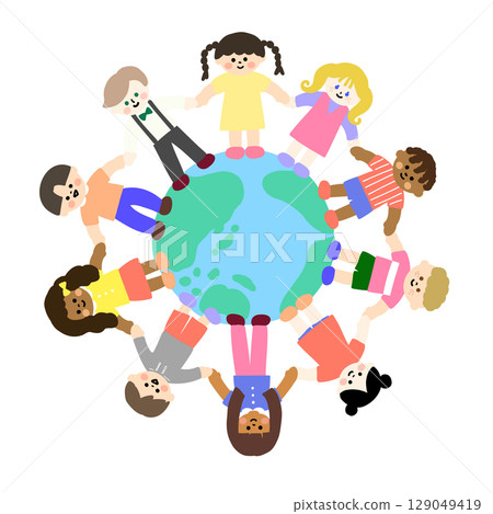 世界各地的兒童手牽手圍著地球的可愛插圖 世界各地的兒童手牽手圍著地球的可愛插圖 129049419