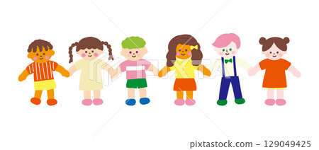 Hand-drawn illustration of children around the world holding hands 129049425