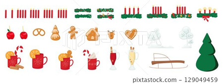 Christmas Advent wreath with candles, gingerbread, drinks set. Traditional holiday decoration for market. Vector stock hand drawn illustration isolated on white background Xmas Cozy Aesthetic Vibes. 129049459