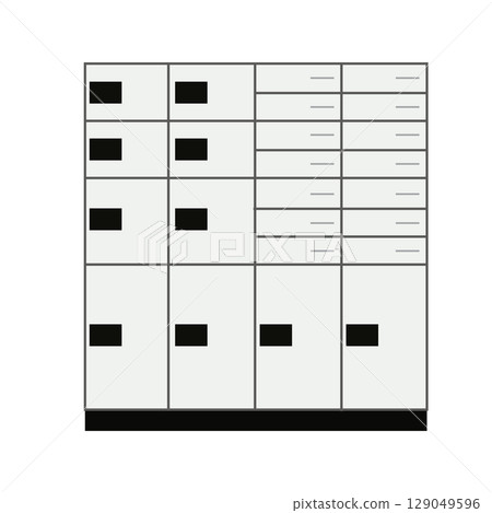 Illustration of delivery boxes in apartment buildings, delivery lockers, and delivery box usage scenes 129049596
