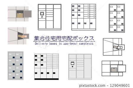 Illustration set of apartment building delivery boxes, delivery lockers, and delivery box usage scenes 129049601