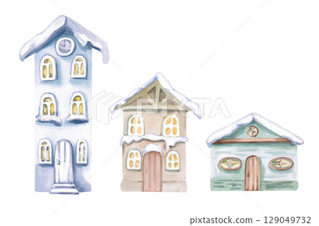 Set of 3 fairy houses. Isolated watercolor illustration for decorating projects, children's products, Christmas cards, invitations for theme parties, children's interior design. 129049732