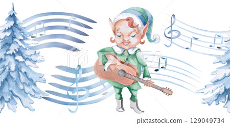 Seamless border with elf musician on the background of the musical staff. Isolated watercolor illustration on a musical theme for interior design of musical parties, cards, festivals. 129049734