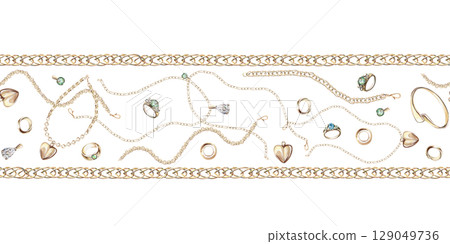 Seamless border of pendants, charms and chains. Isolated watercolor illustration in realistic style for decoration of jewelry blogs, magazines and posters, printing on fabric and scarves. 129049736