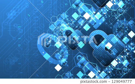 Abstract technological background on the topic of information protection. Various technological elements with padlocks inside which is a digital code. Abstract technological background on the topic of information protection. Various technological elements with padlocks inside which is a digital code. 129049777