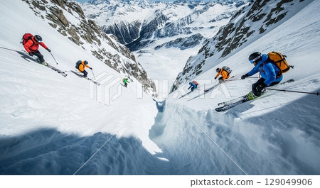 Skier descending a steep slope Skier descending a steep slope 129049906