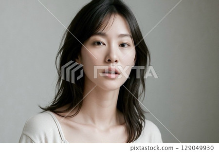 Portrait of an Asian woman with her lips slightly open and looking slightly surprised Portrait of an Asian woman with her lips slightly open and looking slightly surprised 129049930