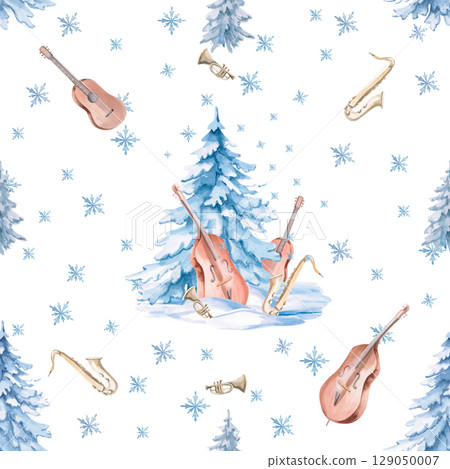 Seamless pattern with blue spruces, snowflakes and musical instruments. Illustration for Christmas wrapping paper, printing on cards, fabric, invitations, creating merch. 129050007