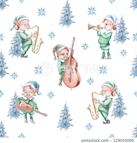 Seamless pattern with Christmas elves-musicians on the background of blue spruce trees. Illustration on a white background for wrapping paper, printing on postcards, fabric, creating merch. 129050009