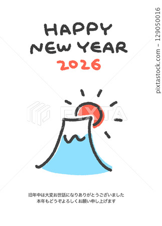 New Year's card template 2026 featuring a cute, hand-drawn line drawing of Mt. Fuji and the first sunrise of the year. 129050016