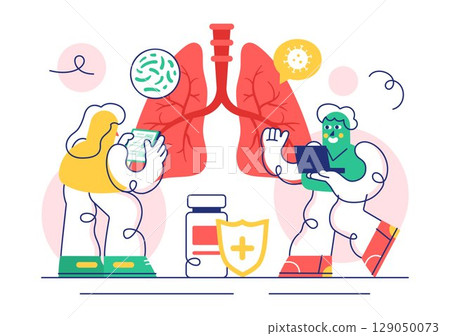 Vector Illustration of Respiratory Infection and Inflammation in the Lungs Caused by Virus Cells in a Healthcare and Medical Concept Background Vector Illustration of Respiratory Infection and Inflammation in the Lungs Caused by Virus Cells in a Healthcare and Medical Concept Background 129050073