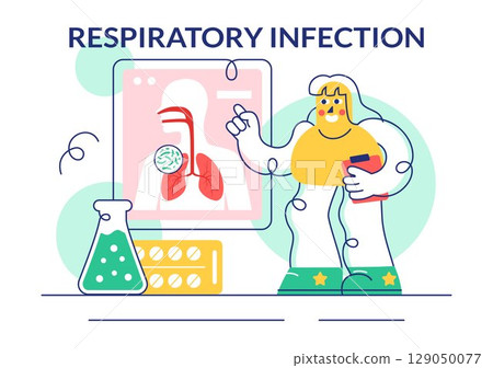 Vector Illustration of Respiratory Infection and Inflammation in the Lungs Caused by Virus Cells in a Healthcare and Medical Concept Background Vector Illustration of Respiratory Infection and Inflammation in the Lungs Caused by Virus Cells in a Healthcare and Medical Concept Background 129050077