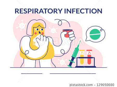 Vector Illustration of Respiratory Infection and Inflammation in the Lungs Caused by Virus Cells in a Healthcare and Medical Concept Background 129050080