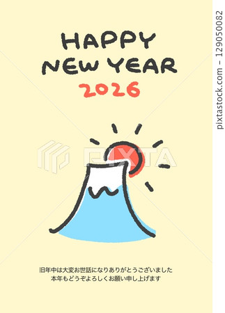 2026 年新年賀卡模板，以可愛的手繪線條畫描繪了富士山和一年中的第一個日出。 129050082