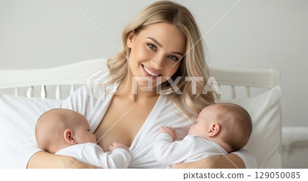 Mom breastfeeding twins 129050085