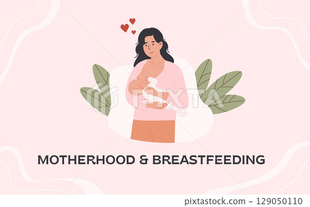 Breastfeeding and motherhood concept horizontal banner. Mother nursing the baby. Poster for lactation awareness and maternal health support. Flat Style Vector Illustration. 129050110