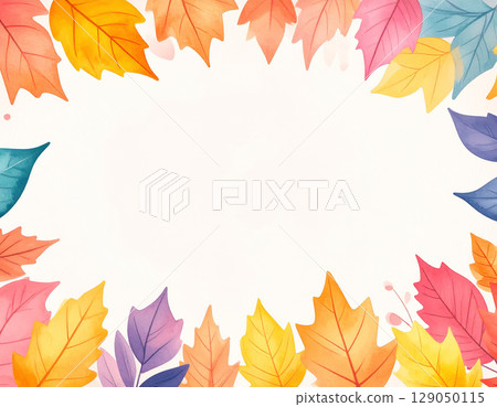 Autumn maple leaves in watercolor pastel colors with space for text in the middle 129050115