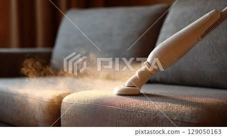 White vacuum nozzle cleaning fabric sofa with visible dust particles in warm lighting White vacuum nozzle cleaning fabric sofa with visible dust particles in warm lighting 129050163