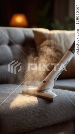White vacuum nozzle cleaning fabric sofa with steam, creating cozy atmosphere 129050164