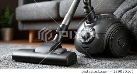 Close up of vacuum cleaner head on carpet, showcasing its sleek design and functionality 129050165
