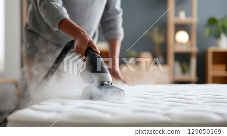 Person using steam cleaner on mattress in cozy room 129050169