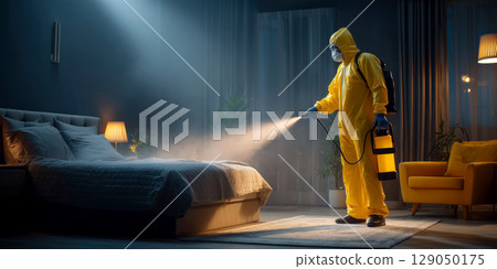 Pest control worker in yellow hazmat suit disinfects bedroom with spray, ensuring cleanliness and safety 129050175