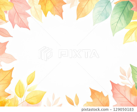 Autumn maple leaves in watercolor pastel colors with space for text in the middle 129050183