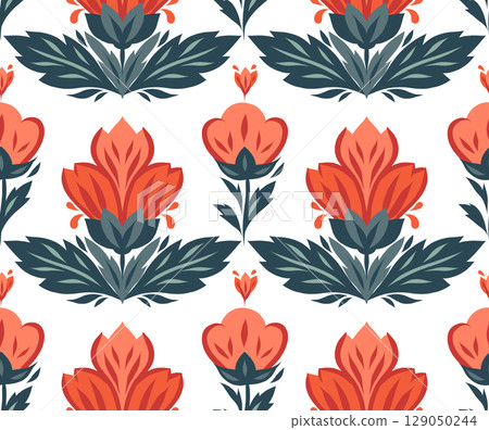 Vector seamless pattern with bloom flowers in row. Texture with decorative red flowers on white background. Tracery floral backdrop Vector seamless pattern with bloom flowers in row. Texture with decorative red flowers on white background. Tracery floral backdrop 129050244