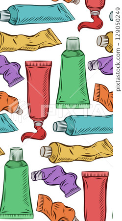 Vector seamless pattern with tubes of acrylic paint. Texture with drawn multi-colored tubes with hatching on white background. Vector seamless pattern with tubes of acrylic paint. Texture with drawn multi-colored tubes with hatching on white background. 129050249