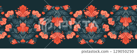 Vector seamless borders with decorative flowers. Tracery folklore frieze with stylized red flowers on dark background. Floral horizontal border 129050250
