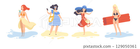 Young Woman at Sea Shore Sunbathing and Enjoying Summer Vector Set 129050361