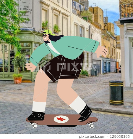 Woman riding electric longboard. Happy girl on electro skateboard, eco-friendly transport. Active smiling young person skater on motor board. Flat vector illustration isolated. 129050365