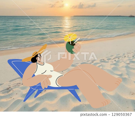 Woman with cocktail drink relaxing on beach, lying under parasol, sun umbrella. Female sunbathing on chaise lounge on summer vacation, holiday. Flat vector illustration isolated Woman with cocktail drink relaxing on beach, lying under parasol, sun umbrella. Female sunbathing on chaise lounge on summer vacation, holiday. Flat vector illustration isolated 129050367