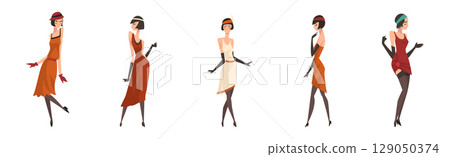 Woman Character Wearing Vintage Clothing in Standing Pose Vector Set 129050374
