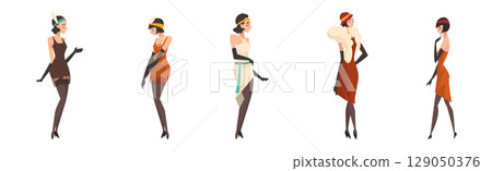 Woman Character Wearing Vintage Clothing in Standing Pose Vector Set 129050376