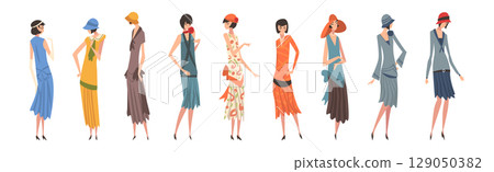 Woman Character Wearing Vintage Clothing in Standing Pose Vector Set 129050382