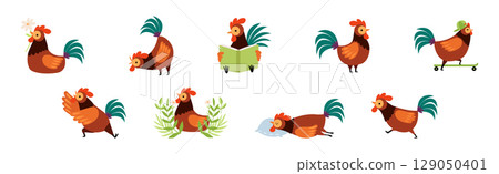 Funny Rooster or Cockerel Character in Different Pose Vector Set 129050401
