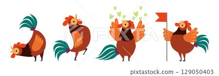 Funny Rooster or Cockerel Character in Different Pose Vector Set 129050403