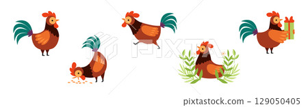 Funny Rooster or Cockerel Character in Different Pose Vector Set Funny Rooster or Cockerel Character in Different Pose Vector Set 129050405
