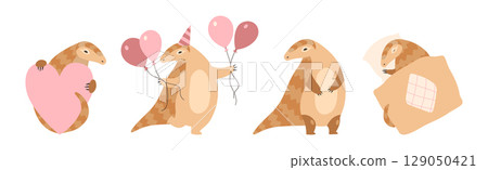 Cute Armadillo Character with Shell in Different Action Vector Set 129050421