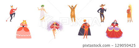 Carnival with People Character Dressed in Masquerade Costume Vector Set Carnival with People Character Dressed in Masquerade Costume Vector Set 129050425