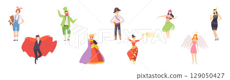 Carnival with People Character Dressed in Masquerade Costume Vector Set Carnival with People Character Dressed in Masquerade Costume Vector Set 129050427