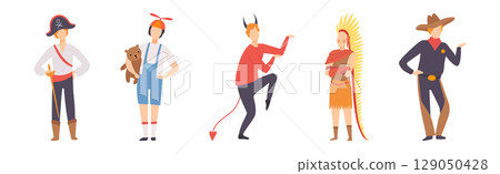 Carnival with People Character Dressed in Masquerade Costume Vector Set 129050428