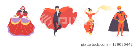 Carnival with People Character Dressed in Masquerade Costume Vector Set 129050442