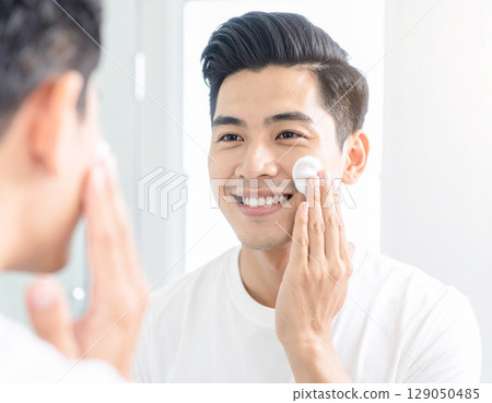 AI-generated image of a young Japanese man washing his face with foam 129050485