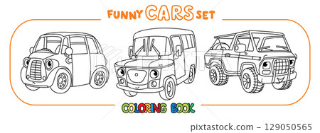 Funny vintage cars with eyes. Coloring book set 129050565