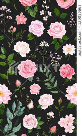 Seamless pink roses floral pattern with leaves and blossoms perfect for nature-inspired designs or vintage spring decor Seamless pink roses floral pattern with leaves and blossoms perfect for nature-inspired designs or vintage spring decor 129050662