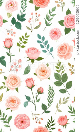 Elegant vintage pink rose floral seamless pattern with leaves, perfect for spring nature-inspired vector art decoration or romantic wallpaper design 129050663